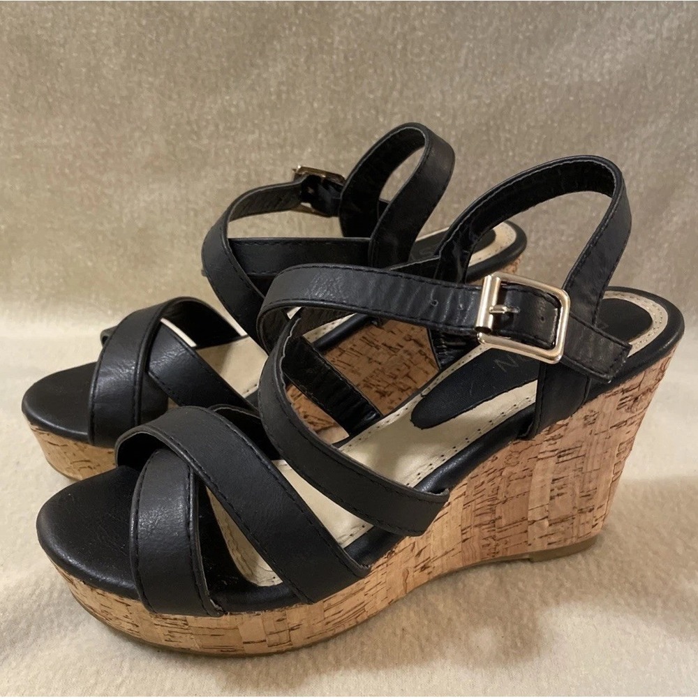 Beston Blue & Cork Platform Wedges Women Size 6 Sandals 3.75" Heel Casual Dressy